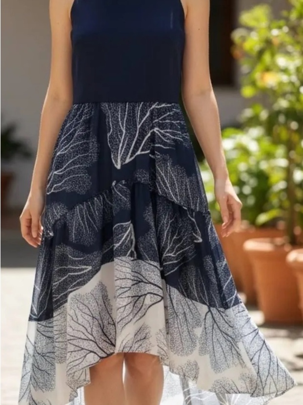 Anthropologie Navy and White Leaf-Print High-Low Dress